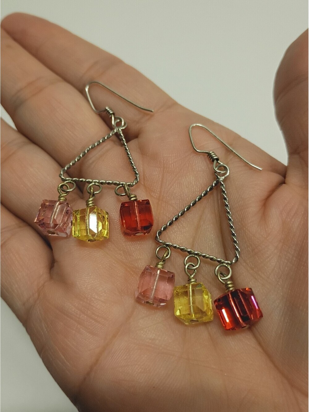 Vintage 925 Sterling Silver Chandelier Earring Crystal Square Triangle Pink